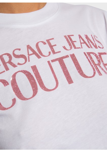 Versace Jeans Couture Yuvarlak Yaka Baskılı Beyaz Kadın T-Shirt 76HAHG03