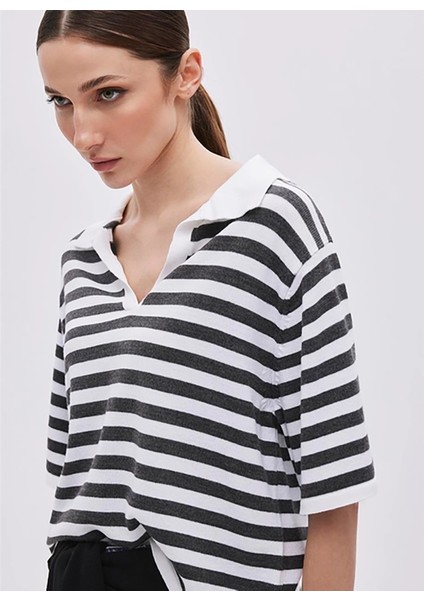 Polo Yaka Oversized Çizgili Açık Gri Kazak Kadın Ekru Açık Gri Polo Yaka Çizgili modelleri