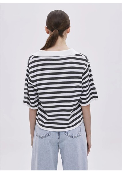 Polo Yaka Oversized Çizgili Açık Gri Kazak Kadın Ekru Açık Gri Polo Yaka Çizgili indirimleri