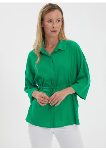 Gömlek Yaka Düz Yeşil Kadın Bluz 24YSL8763