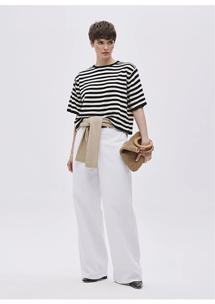 Bisiklet Yaka Çizgili Siyah Kadın Bluz Siyah Çizgili Kısa Kollu Triko Bluz