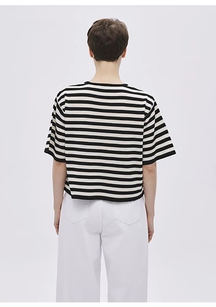 Bisiklet Yaka Çizgili Siyah Kadın Bluz Siyah Çizgili Kısa Kollu Triko Bluz fırsatları