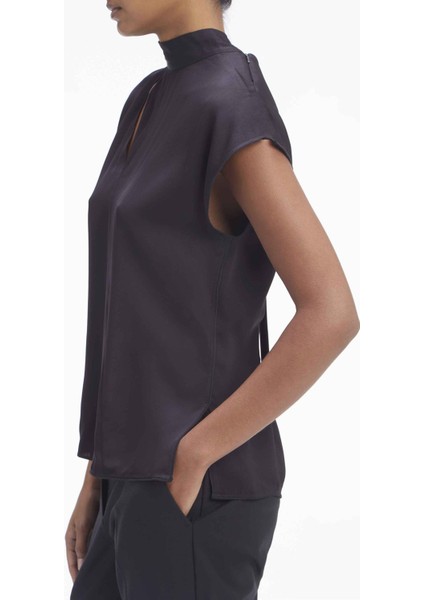 Dik Yaka Düz Siyah Kadın Bluz Shıne Vıscose Mock Neck Blouse