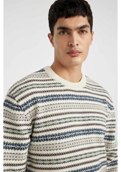 Standart Fit Normal Kesim Bisiklet Yaka Desenli Triko Kazak B9716AX24AU fırsatları