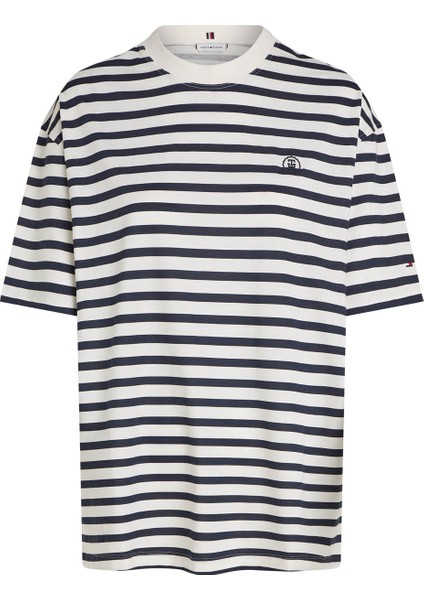 Tommy Hilfiger Yuvarlak Yaka Çizgili Lacivert - Beyaz Kadın T-Shirt Modern Reg Strıpe C-Nk Ss