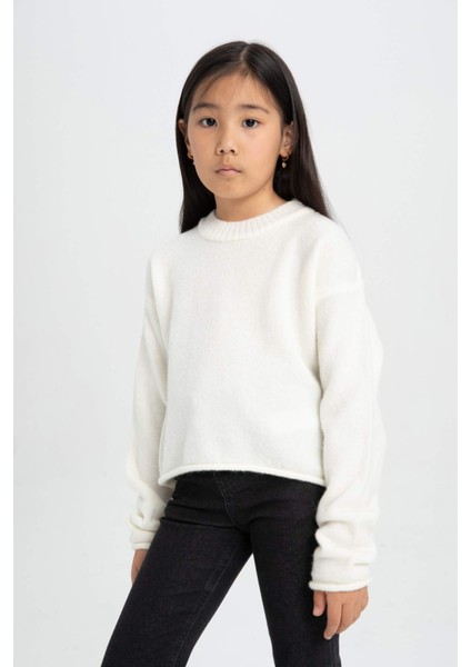 Kız Çocuk Ekru Standart Fit Bisiklet Yaka Basic Düz Triko Kazak C6908A824AU modelleri