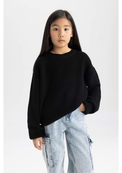 Kız Çocuk Siyah Standart Fit Bisiklet Yaka Basic Düz Triko Kazak C6909A824AU