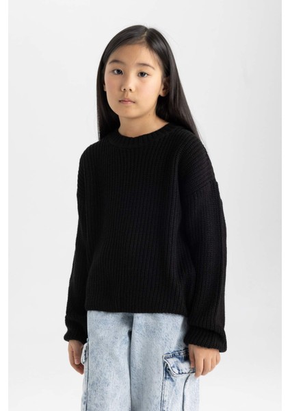 Kız Çocuk Siyah Standart Fit Bisiklet Yaka Basic Düz Triko Kazak C6909A824AU fırsatları