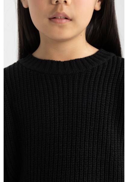 Kız Çocuk Siyah Standart Fit Bisiklet Yaka Basic Düz Triko Kazak C6909A824AU indirimleri