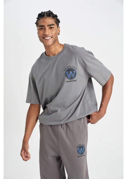 Fit NBA Golden State Warriors Oversize Geniş Kalıp Bisiklet Yaka Baskılı Pamuklu Kısa Kollu Tişört C9258AX24AU modelleri
