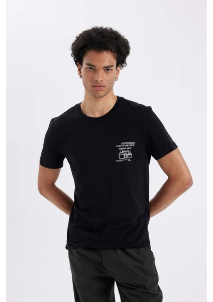 %100 Pamuk Siyah Slim Fit Dar Kesim Bisiklet Yaka Baskılı Kısa Kollu Tişört C2132AX24AU