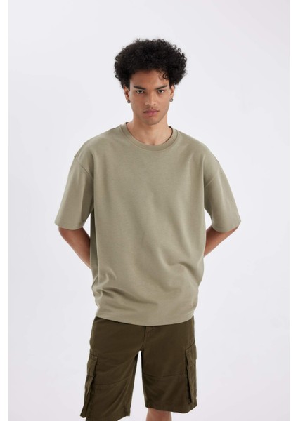 Oversize Geniş Kalıp Bisiklet Yaka Kısa Kollu Basic Düz Ağır Kumaş Tişört X3926AZ24AU