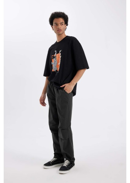 Antrasit Yazlık Jogger Pantolon Wide Leg Bol Rahat Kesim Paraşüt Beli Bağcıklı Geniş Bol Paça C9151AX24AU