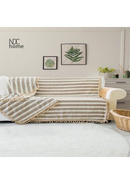 Premium Keten Kahverengi Çizgili Bej Ponponlu Koltuk Örtüsü (170 x 220)