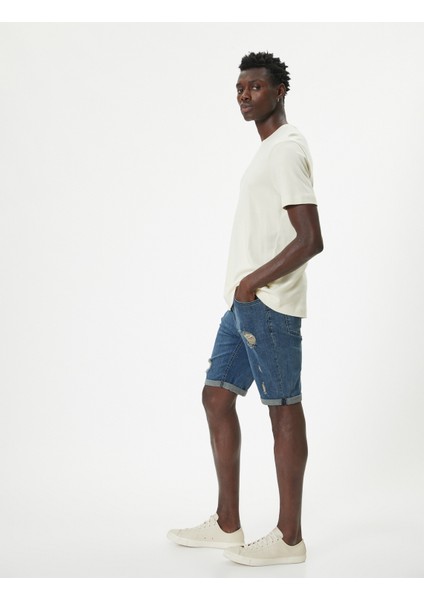Slim Fit Kot Şort Yırtık Bermuda Cep Detaylı Katlı Paça Pamuklu