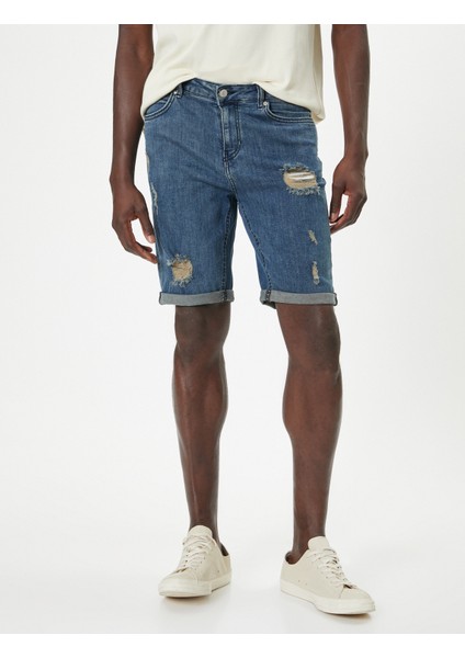 Slim Fit Kot Şort Yırtık Bermuda Cep Detaylı Katlı Paça Pamuklu modelleri