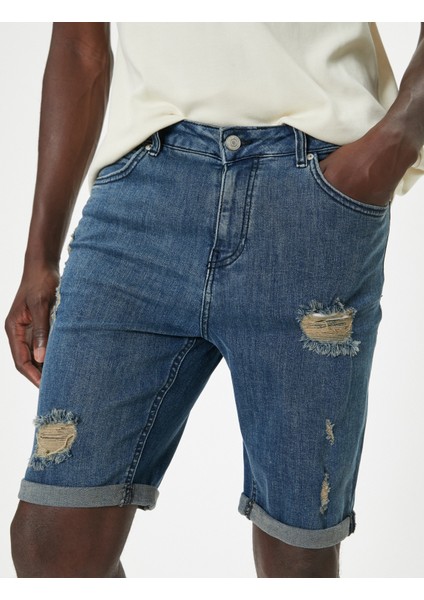 Slim Fit Kot Şort Yırtık Bermuda Cep Detaylı Katlı Paça Pamuklu indirimleri