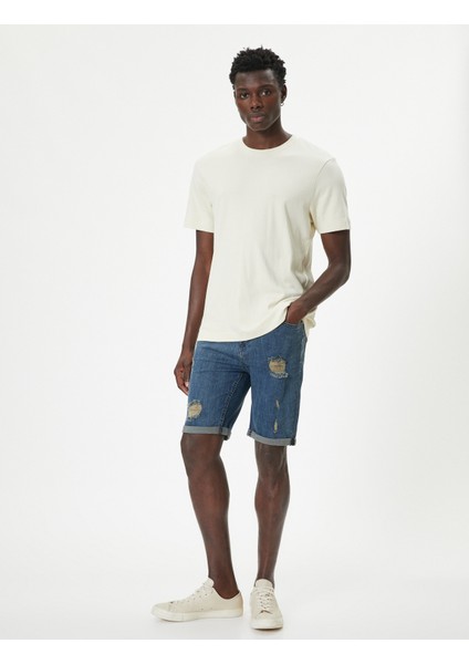 Slim Fit Kot Şort Yırtık Bermuda Cep Detaylı Katlı Paça Pamuklu fiyatları