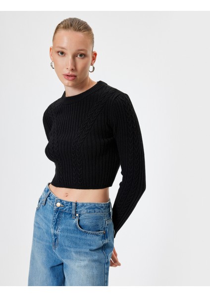 Triko Crop Kazak Uzun Kollu Saç Örgü Dokulu