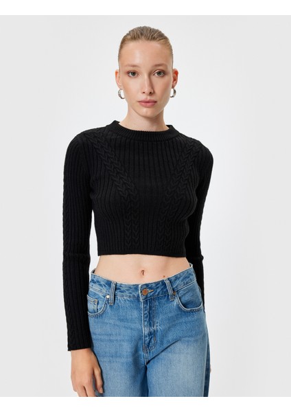 Triko Crop Kazak Uzun Kollu Saç Örgü Dokulu modelleri