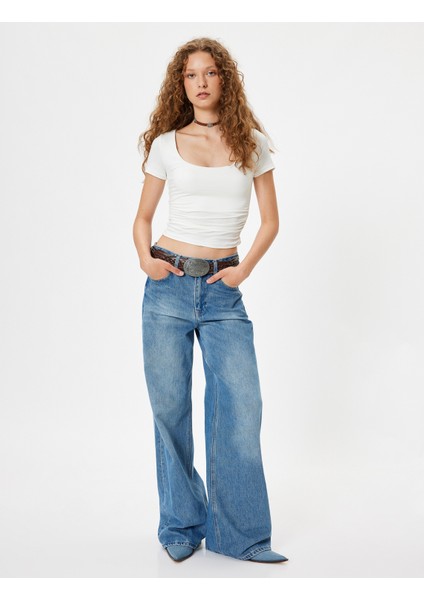 Basic Tişört U Yaka Slim Fit Kısa Kollu Drapeli