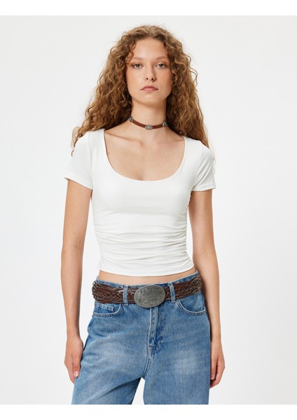 Basic Tişört U Yaka Slim Fit Kısa Kollu Drapeli modelleri