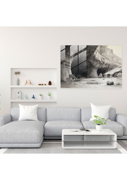 Gizemli Paleolitik Mağara Cam Baskı - Mezolitik, Paleolitik, Cam Baskı, Karakalem Eskiz, 45X30