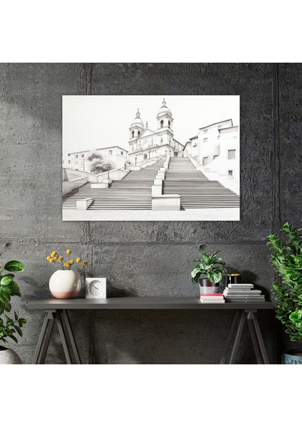 Roma Kanvas Tablo - Ispanyol Merdivenleri Minimalist Çizim - Roma, Minimalist Çizimler, Roma, Duvar Sanatı, 50X30 fiyatları