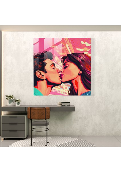 Pop Kiss Cam Baskı - Öpücük, Canlı, Cam Duvar Sanatı, Cam Sanatı, 30X30