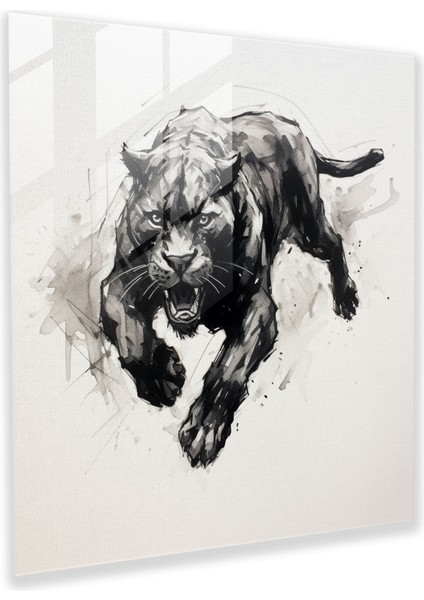 Kara Panter Cam Sanatı - Kara Panter, Mürekkep Kroki, Duvar Dekorasyonu, Cam Duvar Sanatı, 30X30