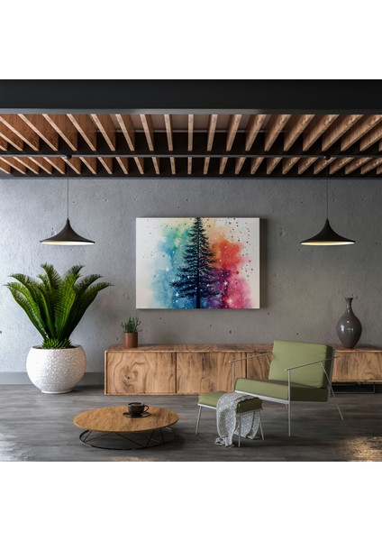 Noel Ağacı Duvar Sanatı - Noel, Suluboya, Duvar Süslemesi, Renkli Yıldızlı Gökyüzü, 30X30