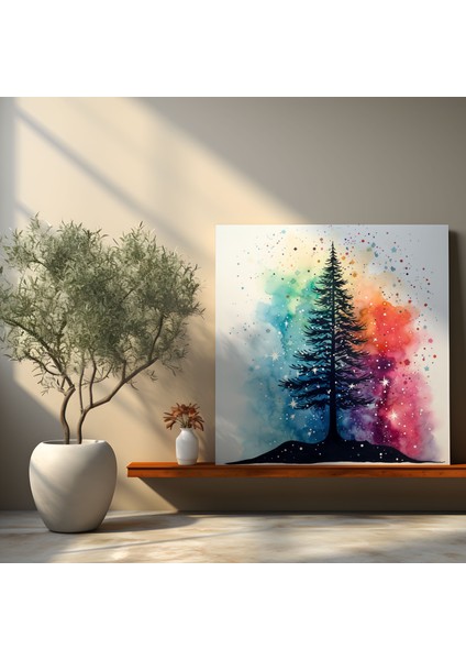 Noel Ağacı Duvar Sanatı - Noel, Suluboya, Duvar Süslemesi, Renkli Yıldızlı Gökyüzü, 30X30