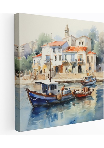 Anadolu Duvar Tablosu - Sahil Köyü Balıkçı Tekneleri - Anadolu, Suluboya Tablo, Kanvas Tablo, Sahil Köyü, 30 x 30 cm