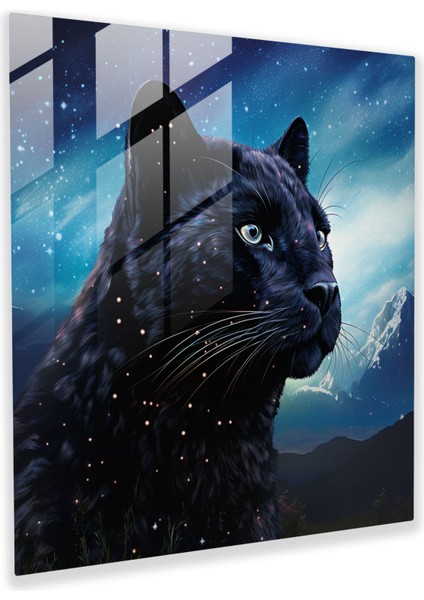 Yıldızlı Gece Kara Panter Cam Baskı - Kara Panter, Yıldızlı Gece, Kara Panter, Ev Dekorasyonu, 30 x 30 cm