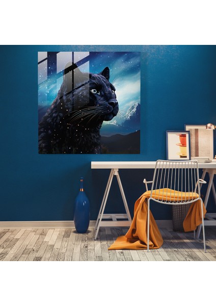 Yıldızlı Gece Kara Panter Cam Baskı - Kara Panter, Yıldızlı Gece, Kara Panter, Ev Dekorasyonu, 30 x 30 cm modelleri