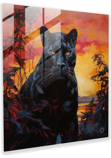 Soyut Kara Panter Cam Baskı - Kara Panter, Cam Baskı, Gün Batımı, Cam Duvar Tablosu, 30 x 30 cm