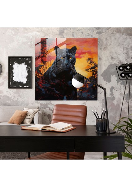 Soyut Kara Panter Cam Baskı - Kara Panter, Cam Baskı, Gün Batımı, Cam Duvar Tablosu, 30 x 30 cm modelleri