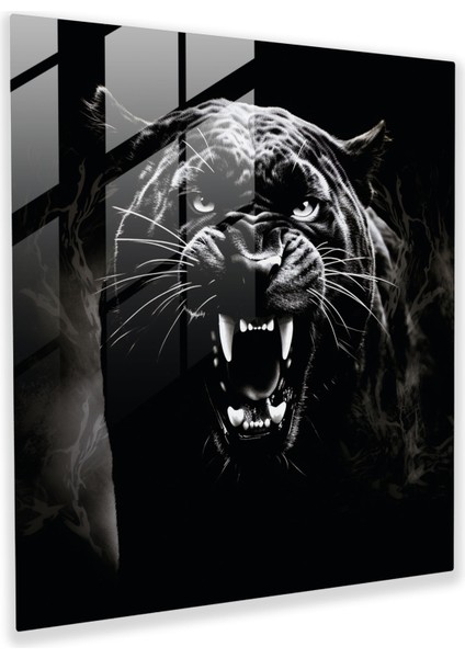 Gizemli Kükreyen Kara Panter Cam Baskı - Kara Panter, Cam Duvar Tablosu, Cam Baskı, Ay Işığı, 30 x 30 cm