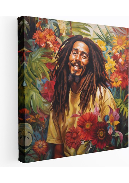 Bob Marley Tropikal Kanvas Tablo - Bob Marley, Canlı Ruh, Tropikal Çiçekler, Portre, 30 x 30 cm