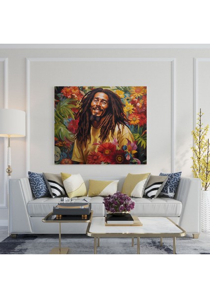 Bob Marley Tropikal Kanvas Tablo - Bob Marley, Canlı Ruh, Tropikal Çiçekler, Portre, 30 x 30 cm