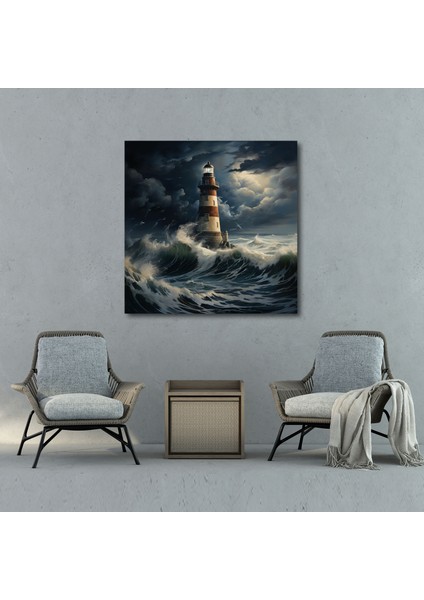 Klasik Lacivert Deniz Feneri Tablosu - Lacivert, Duvar Dekorasyonu, Lacivert Deniz Feneri Kanvas Tablo, 30 x 30 cm modelleri