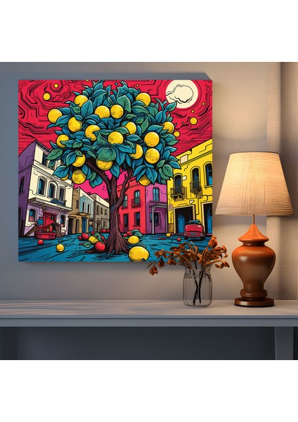 Pop Art Limon Ağacı Duvar Sanatı - Limon Ağacı, Canlı, Çizgi Roman Tarzı Elemanlar, Ev Dekorasyonu, 70 x 70 cm