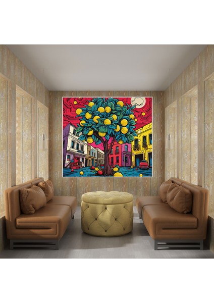 Pop Art Limon Ağacı Duvar Sanatı - Limon Ağacı, Canlı, Çizgi Roman Tarzı Elemanlar, Ev Dekorasyonu, 70 x 70 cm