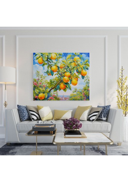 Limon Ağacı Kanvas Tablo - Parlak ve Canlı Suluboya Tablo - Limon Ağacı, Duvar Sanatı, Suluboya Resim, Kanvas Tablo, 100 x 100 cm