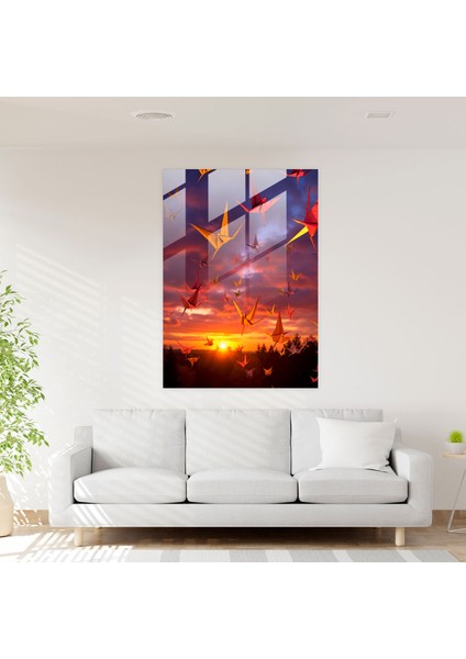 Sakin Origami Cam Baskı - Origami, Hassas Detaylar, Özgürlük, Sakin Atmosfer, 30X45 fiyatları