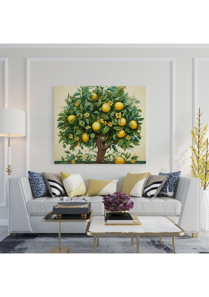 Limon Ağacı Kanvas Tablo - Gerçekçi Botanik Duvar Sanatı - Limon Ağacı, Kanvas Tablo, Olgun Meyveler, Limon Ağacı, 100 x 100 cm