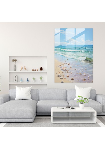 Cam Baskı: Sakin Plaj Manzarası - Gerçekçi Cam Heykel, Duvar Dekorasyonu, Modern Sanat, Kristal Berrak Sular, 30 x 45 cm fiyatları
