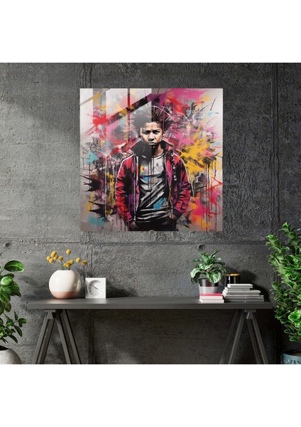 Basquiat Cam Baskı - Asi Kent Sanatı - Basquiat, Cam Duvar Sanatı, Grafiti, Modern Sanat, 30 x 30 cm