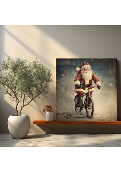 Noel Duvar Tablosu - Retro Noel Baba - Noel, Kanvas Tablo, Kanvas Tablo, Vintage Bisiklet, 30 x 30 cm