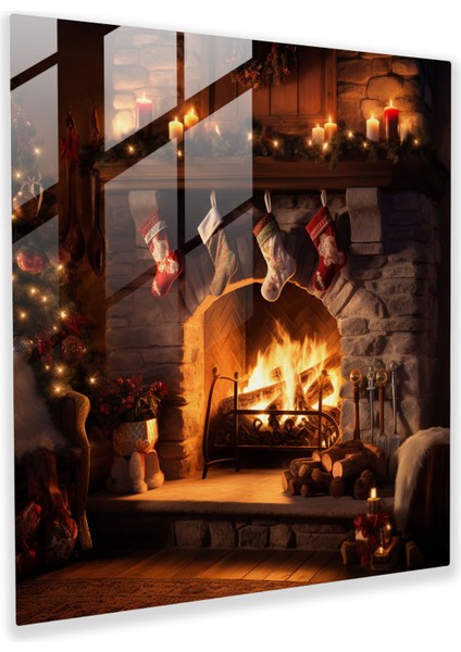 Ocakbaşı Noel Cam Baskı - Noel, Ateş, Ambiyans, Cam Duvar Tablosu, 30 x 30 cm